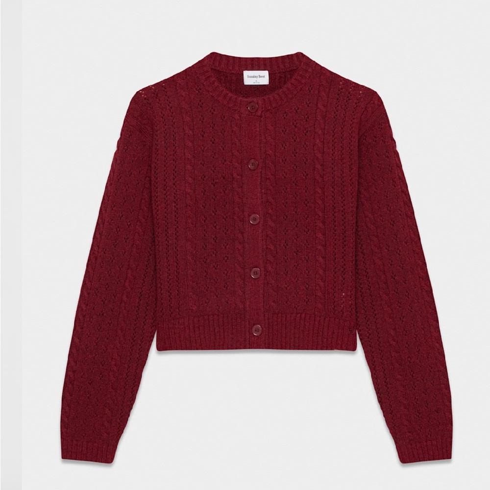 Aritzia Sunday Best Sweetspot Cardigan in Burgundy Red Cable Knit